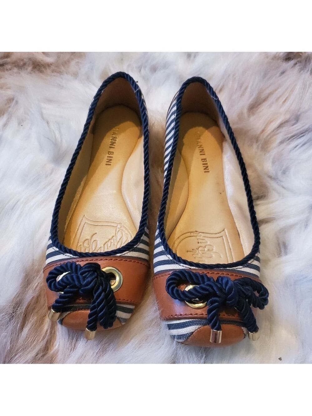 Gianni Bini Sailor Flat Navy White Stripe Tan Leather